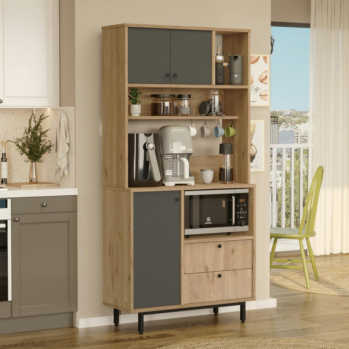 Buffet cuisine niche micro-ondes décor gris H 180 cm JENA