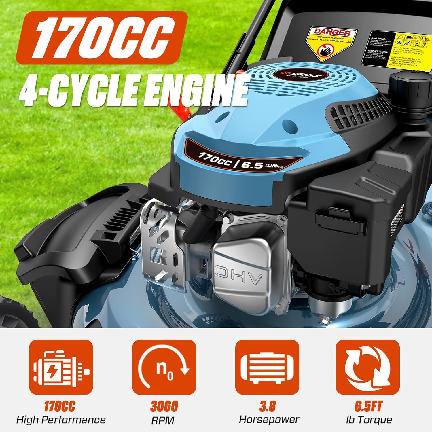 SENIX Gas Lawn Mower, 22 Self Propelled Gas Powered Lawnmower with 170cc OHV 4-Cycle Engine, 3-in-1 Walk-Behind Push Lawn Mower, 6-Position Height Adjustment