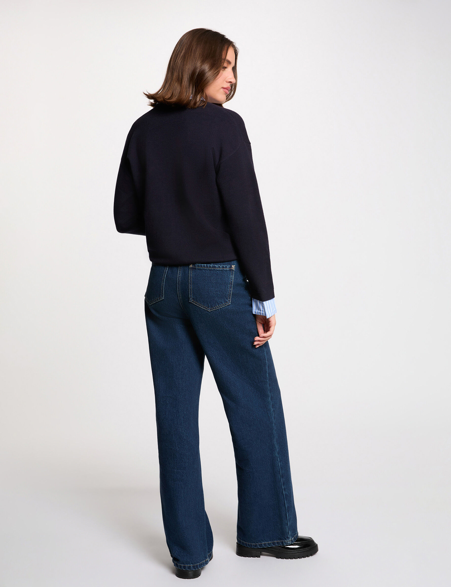 Striped Sweater With Turned-Down Collar Navy Blue Women