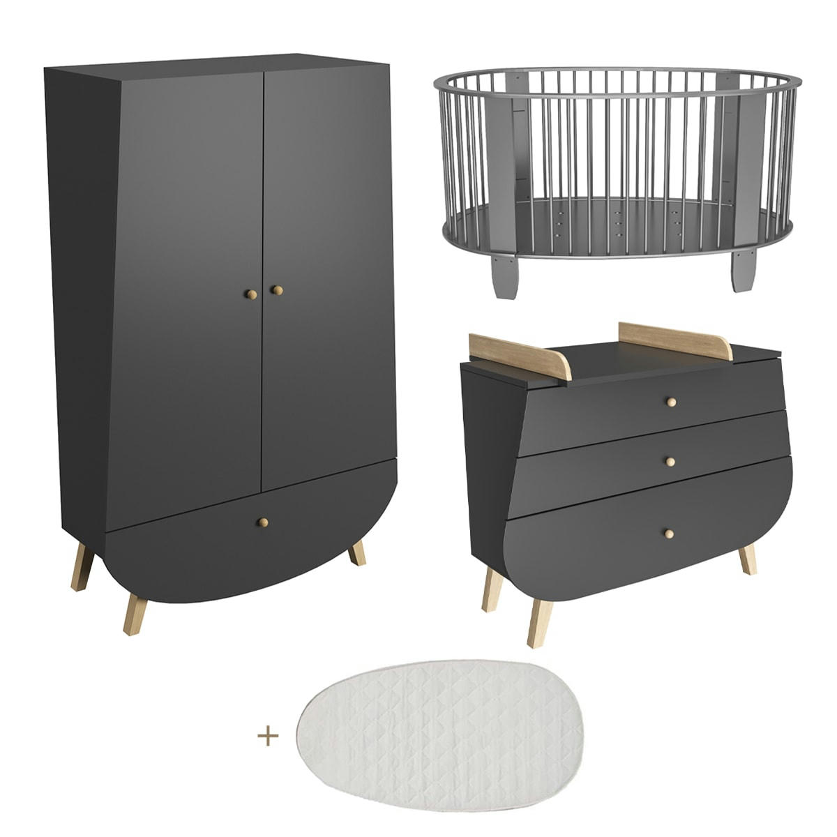 TRIO - COCON - Chambre bébé : Trio - lit bébé 60x120 commode armoire gris anthracite