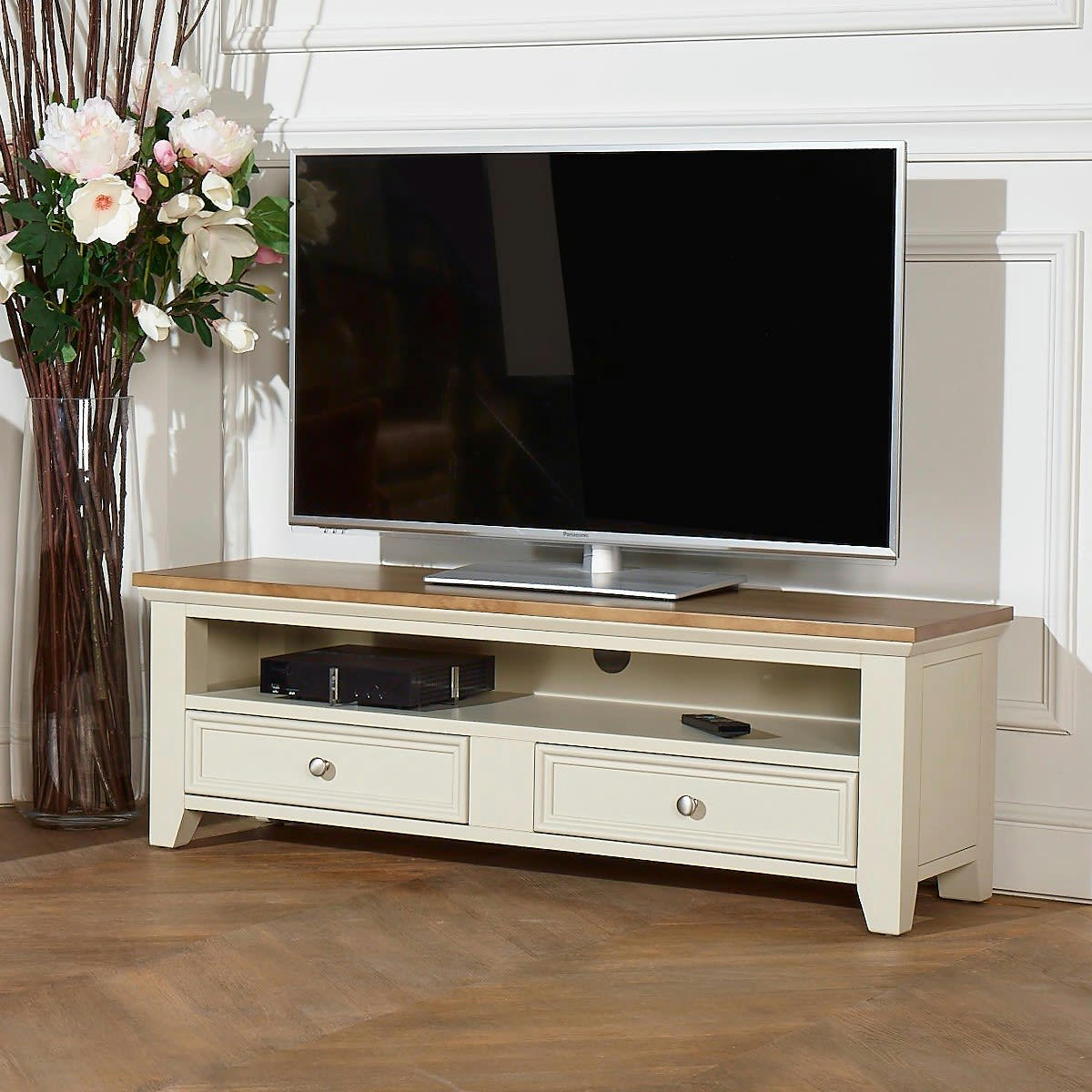 ARCHER - Meuble tv en pin 2 tiroirs et 1 niche blanc