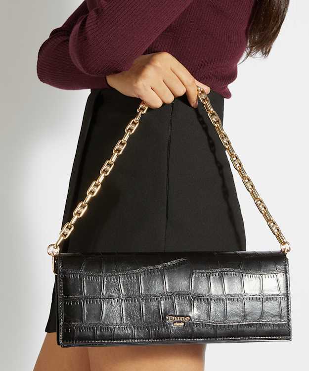Bemuse Black - Croc-Embossed Leather Shoulder Bag