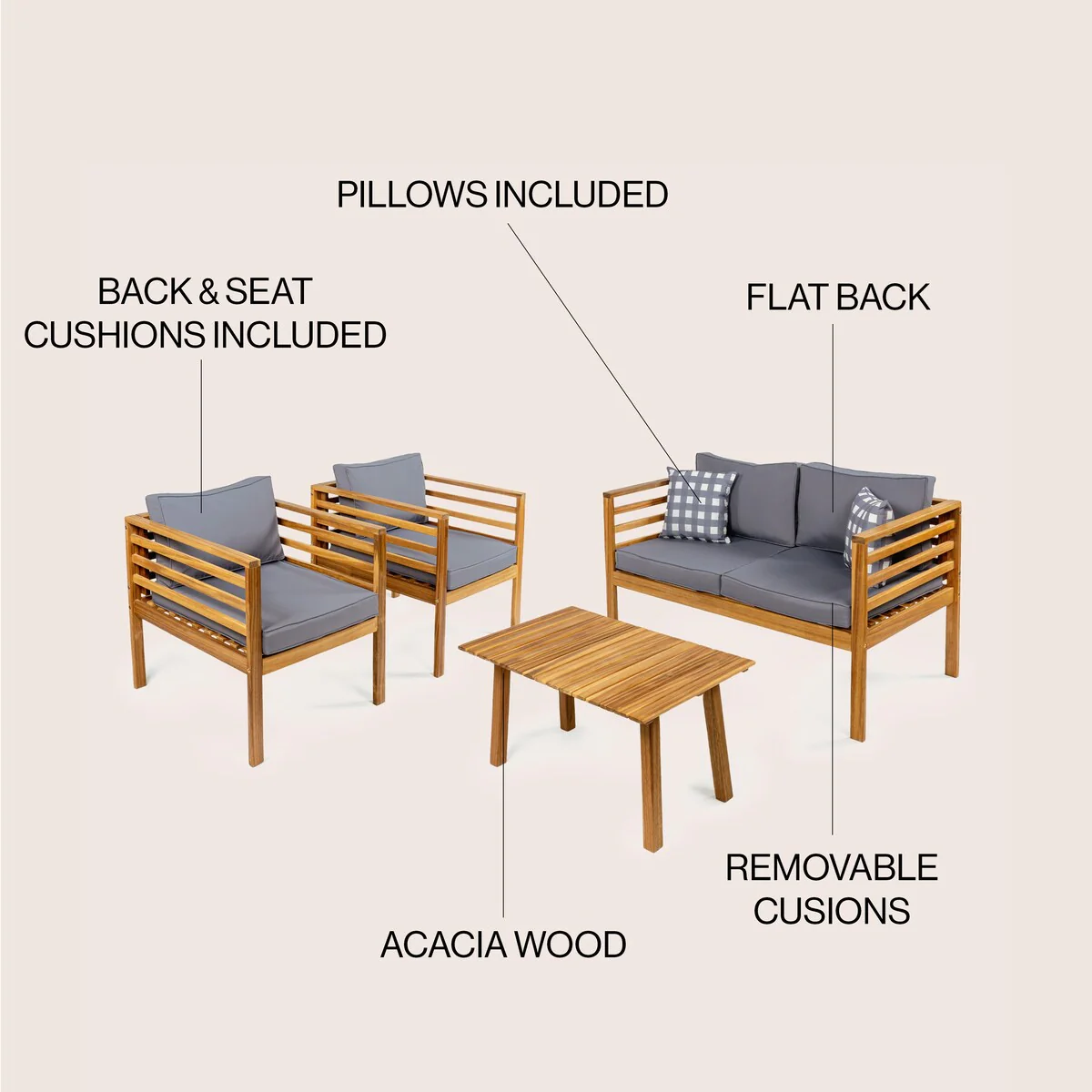 Everly 4-Piece Mid-Century Modern Acacia Wood Outdoor Patio Set with Cushions and Plaid Decorative Pillows, by JONATHAN Y