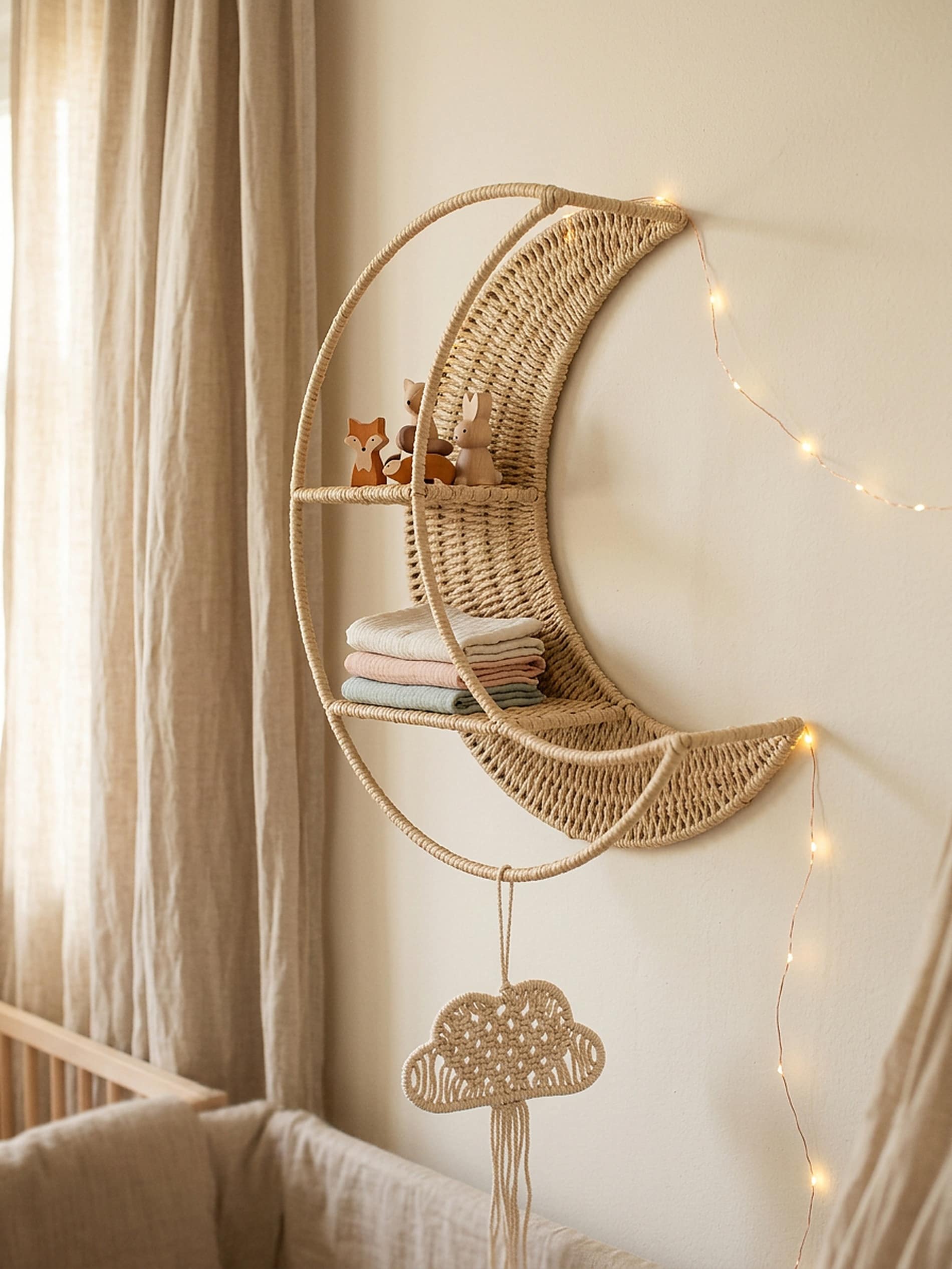Pleciona półka z dwiema półkami w kształcie księżyca