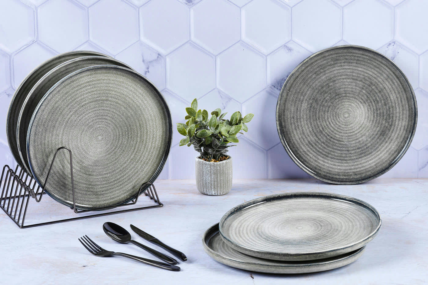 REACTIV - Lot de 6 assiettes plates en grès gris D28