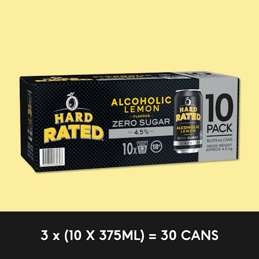 Hard Rated, Original Lemon Flavour, Refreshing Drink, Zero Sugar, 4.5% ABV, 375mL (Case of 30 Cans)