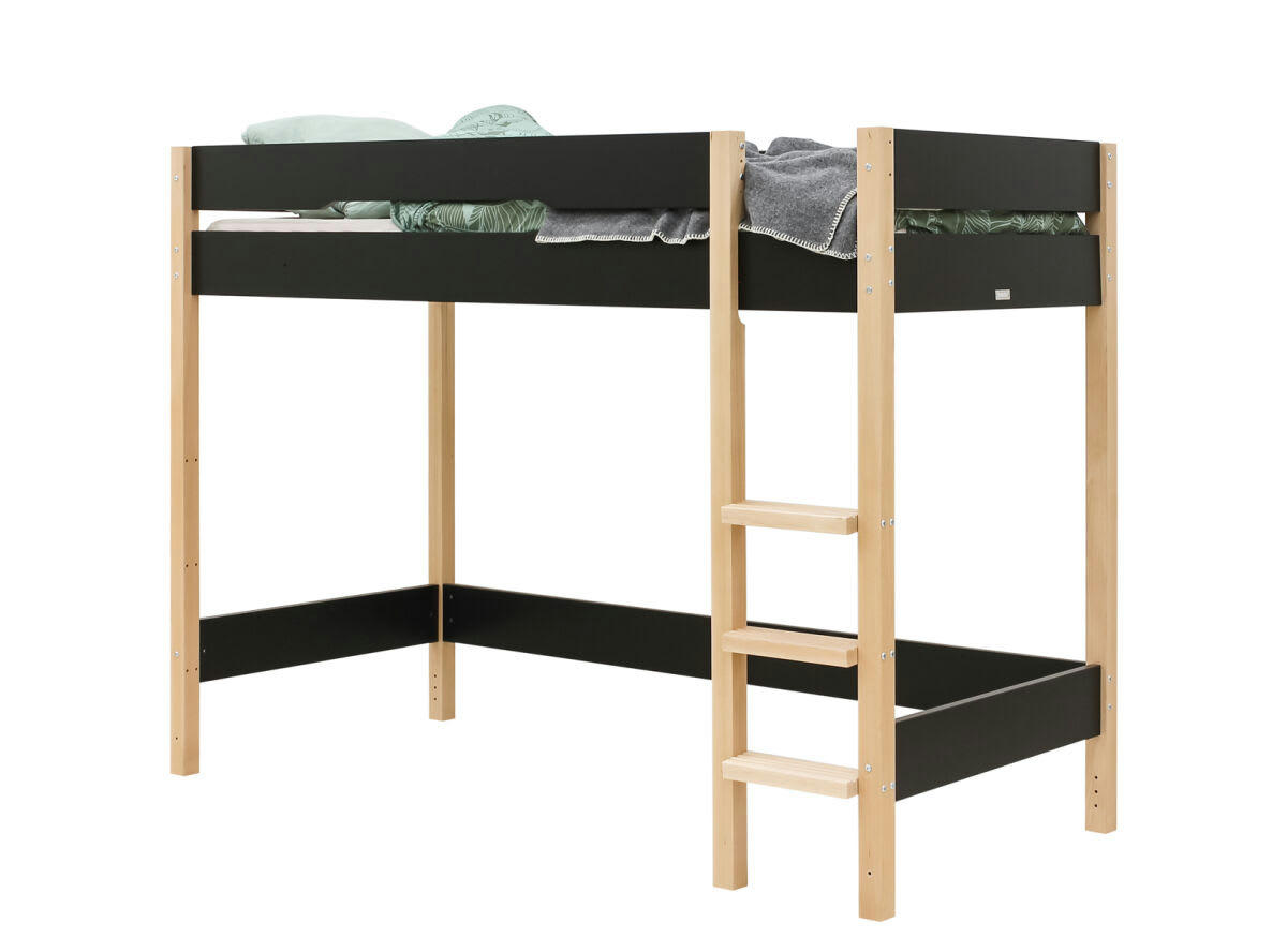 LUCAS - Lit mezzanine 90x200 en MDF et hêtre noir mat