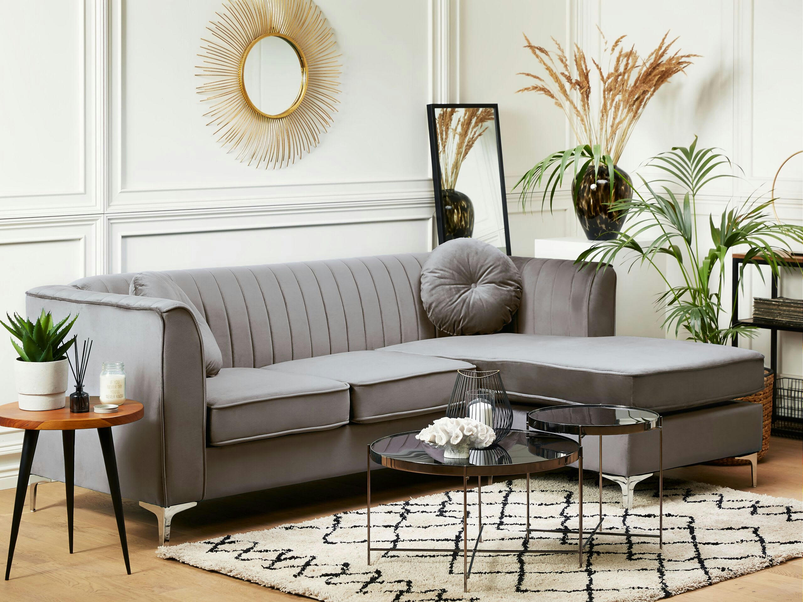 TIMRA - Canapé d'angle 3 personnes en velours gris