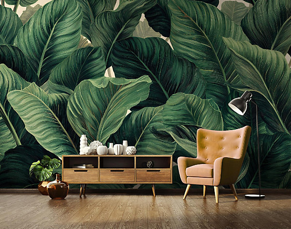 Papier Peint Panoramique Intissé Feuilles Jungle Vert - 350x250 cm - Papier Peint Chambre et salon