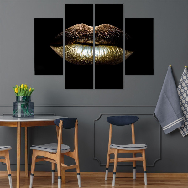 Obraz 4-Częściowy Złote USTA Erotyka Dekor 3D 80x60cm