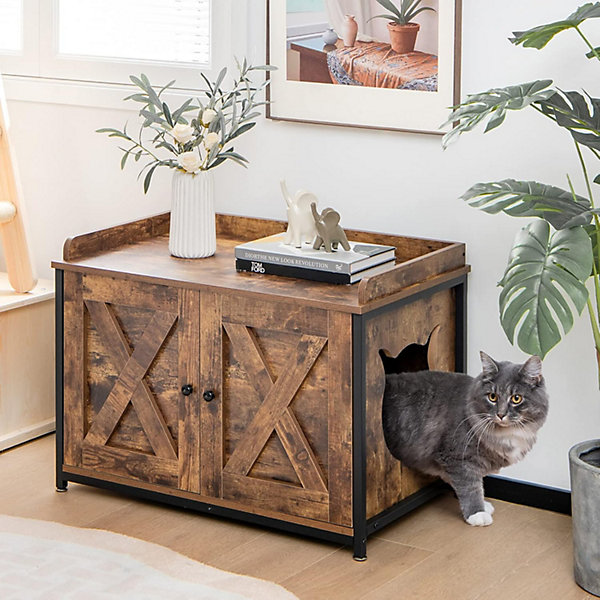 Maison de Toilette pour Chat, Meuble Litière Chat avec 2 Portes, Cadre en Acier Stable, Style Industriel