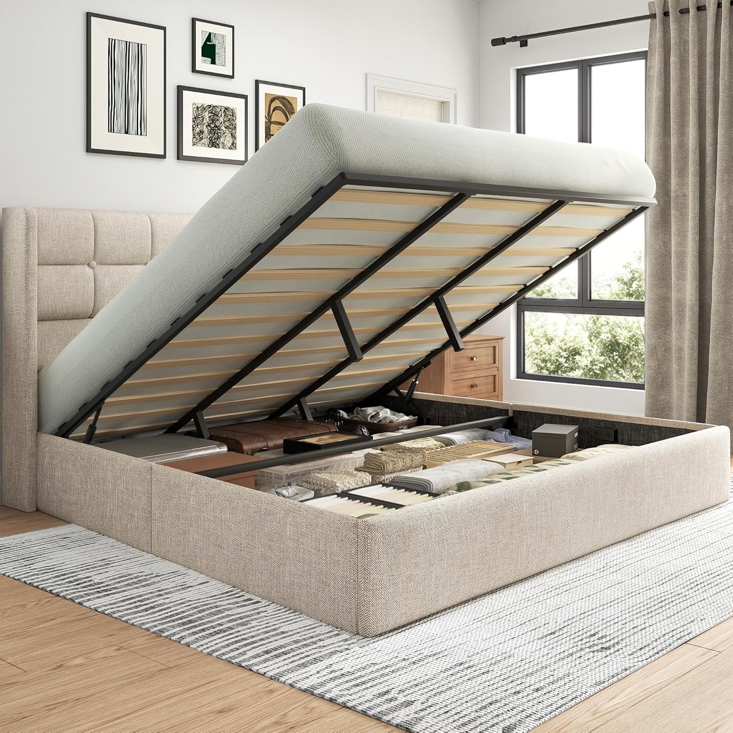 Lifezone King Lift Up Storage Bed Frame, Linen Upholstered Platform with Button Tufted Wingback Headboard, Under-Bed Storage, Hydraulic Support, No Box Spring Needed, Shipped in 2 Boxes, Light Beige