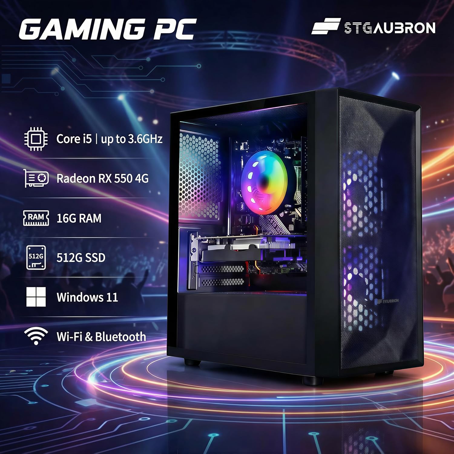 STGAubron Gaming PC Computer Desktop  Intel Core i5 up to 3.6G  Radeon RX 550  16G RAM  512G SSD  WiFi 6  BT 5.0  RGB Fan x2  Windows 11 Home