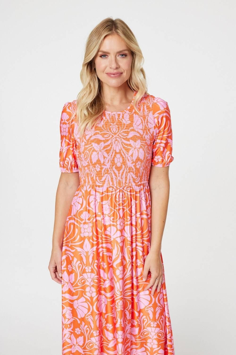 Izabel London Floral Smocked Detail Midi Dress