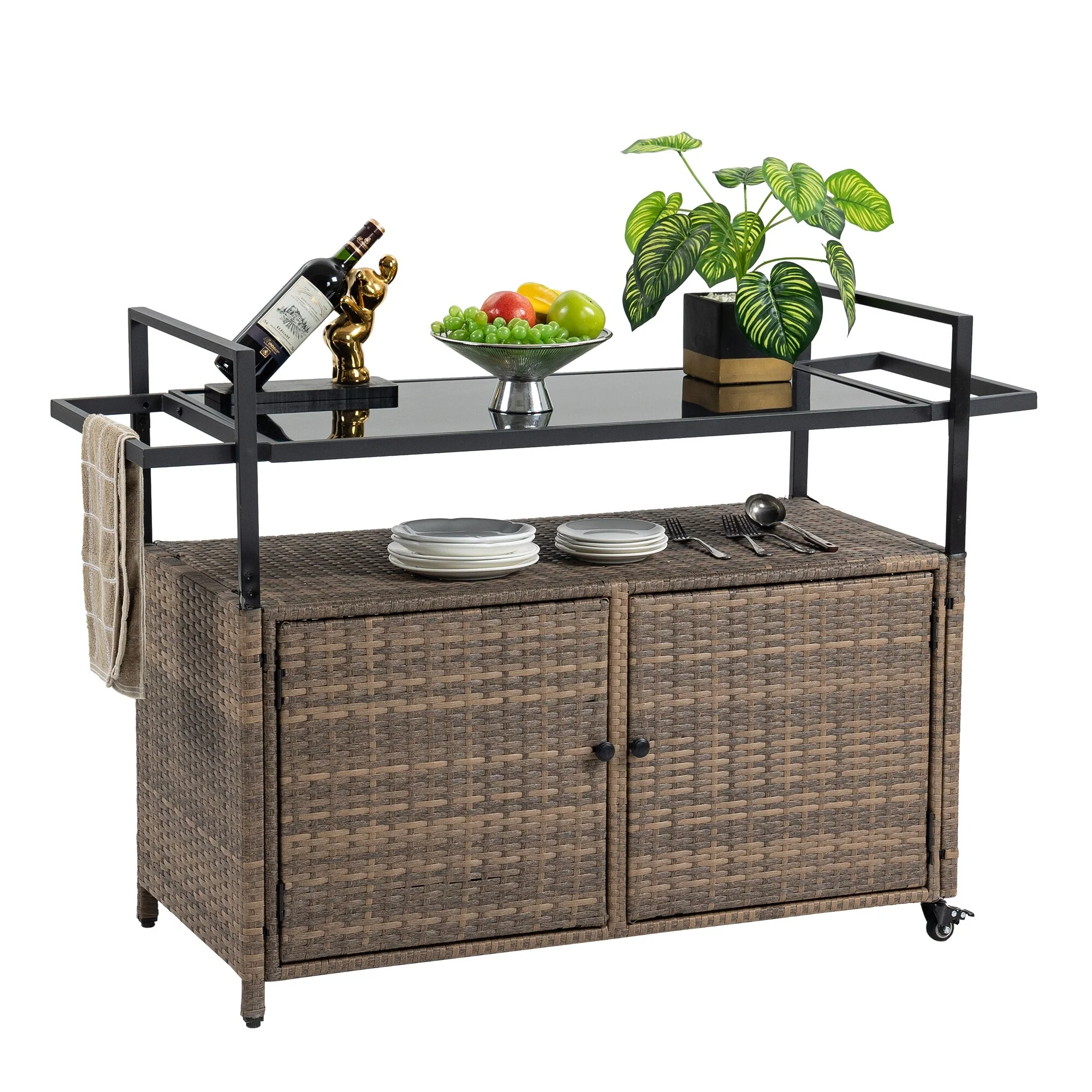 Outdoor Wicker Bar Cart(no include stool)