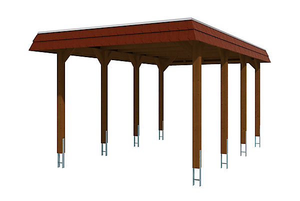Carport SKAN HOLZ Spreewald 345x589cm, toit en aluminium, bandeau rouge, bois résineux imprégné, traitement coloré noyer