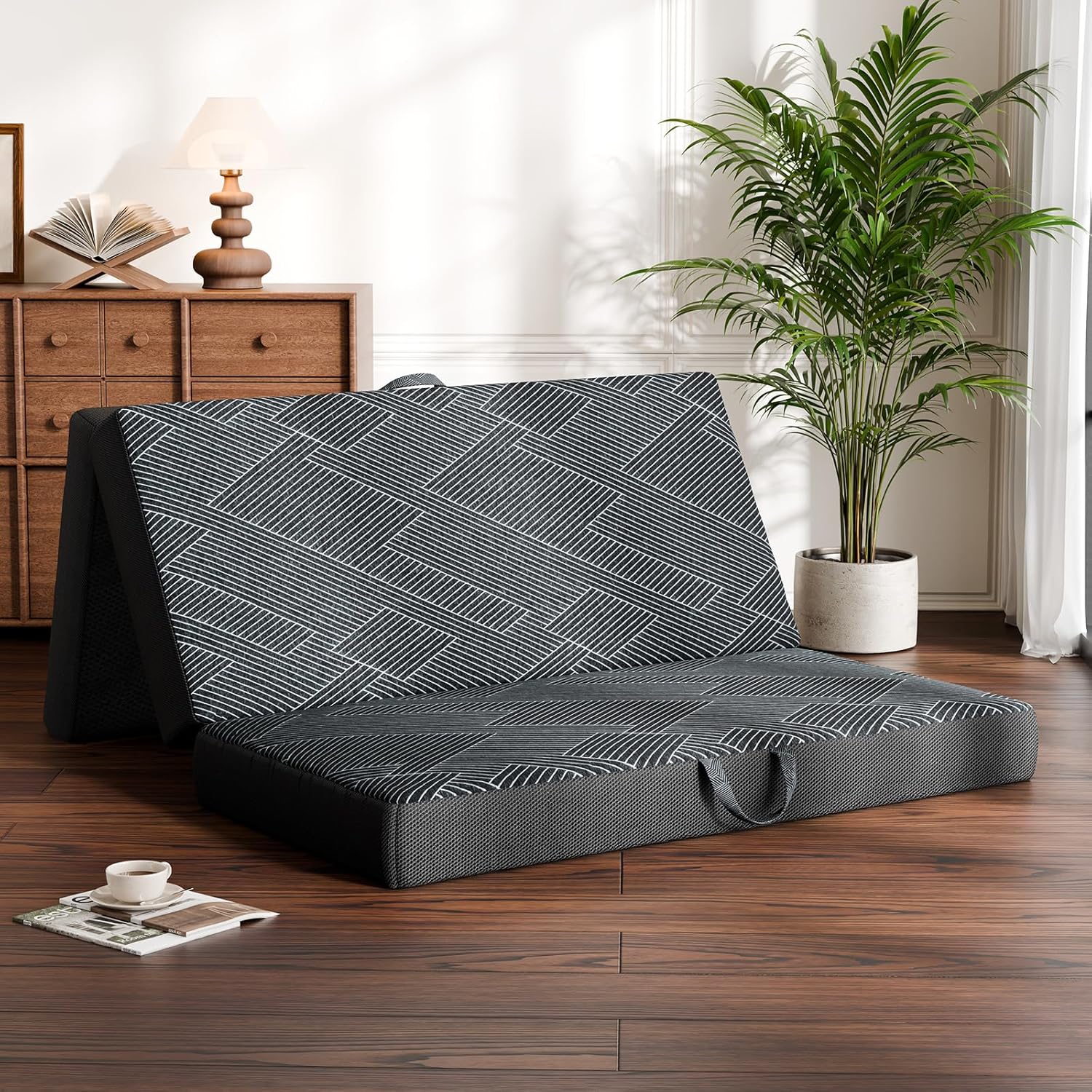 Tri Folding Mattress King Size - Foldable Mattress Trifold Memory Foam Mat with Washable Cover, Handle & Non-Slip Bottom Portable Foldable Floor Sofa Bed for Travel Camping Guest - 6 Inch, 80x76x6