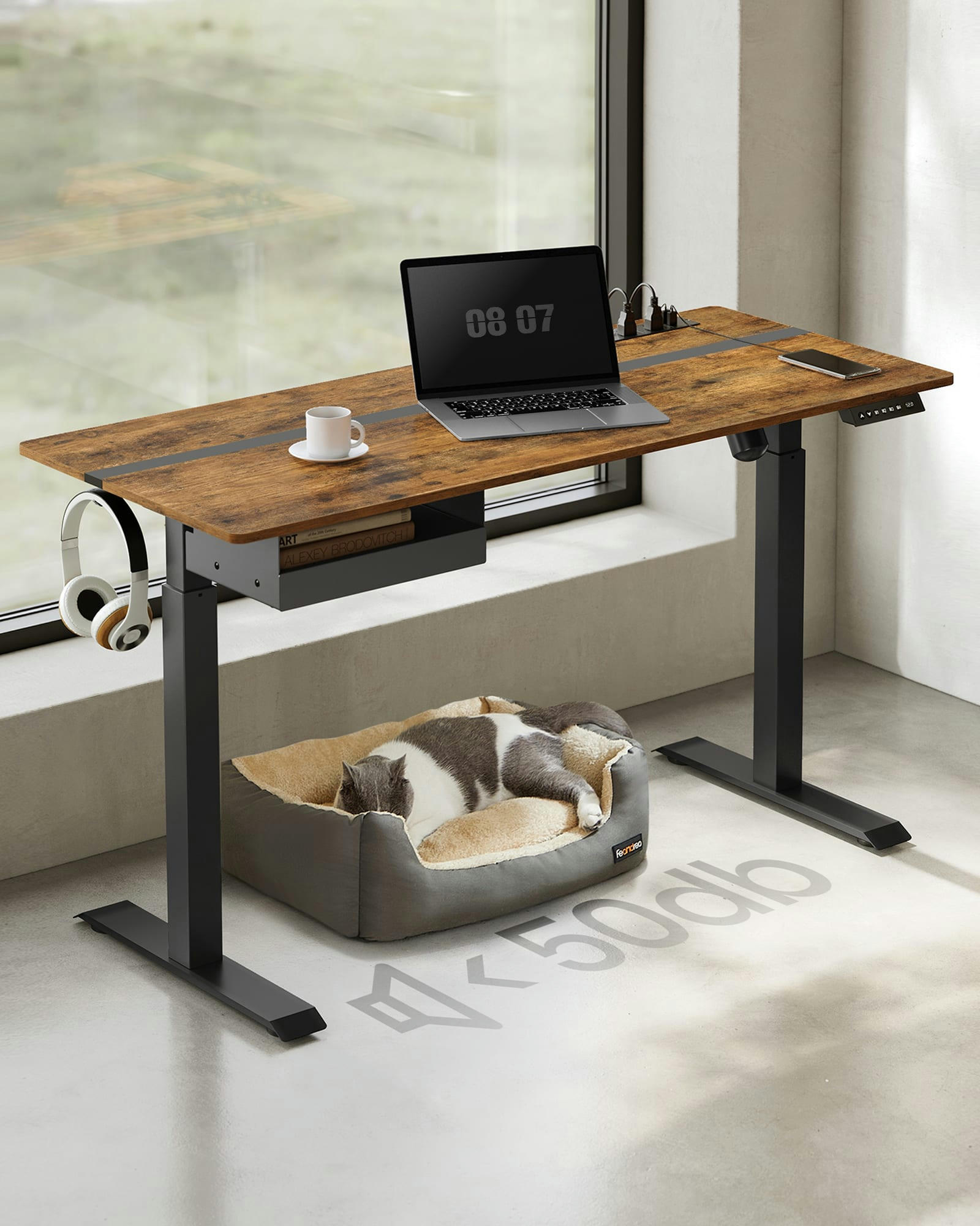 - Bureau assis-debout 140 cm effet bois marron rustique