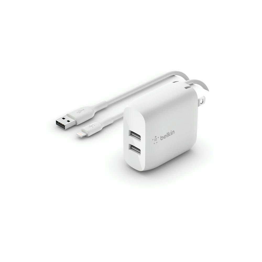 Belkin Dualport 24W USB-A Wall Charger with Lightining Connector, White