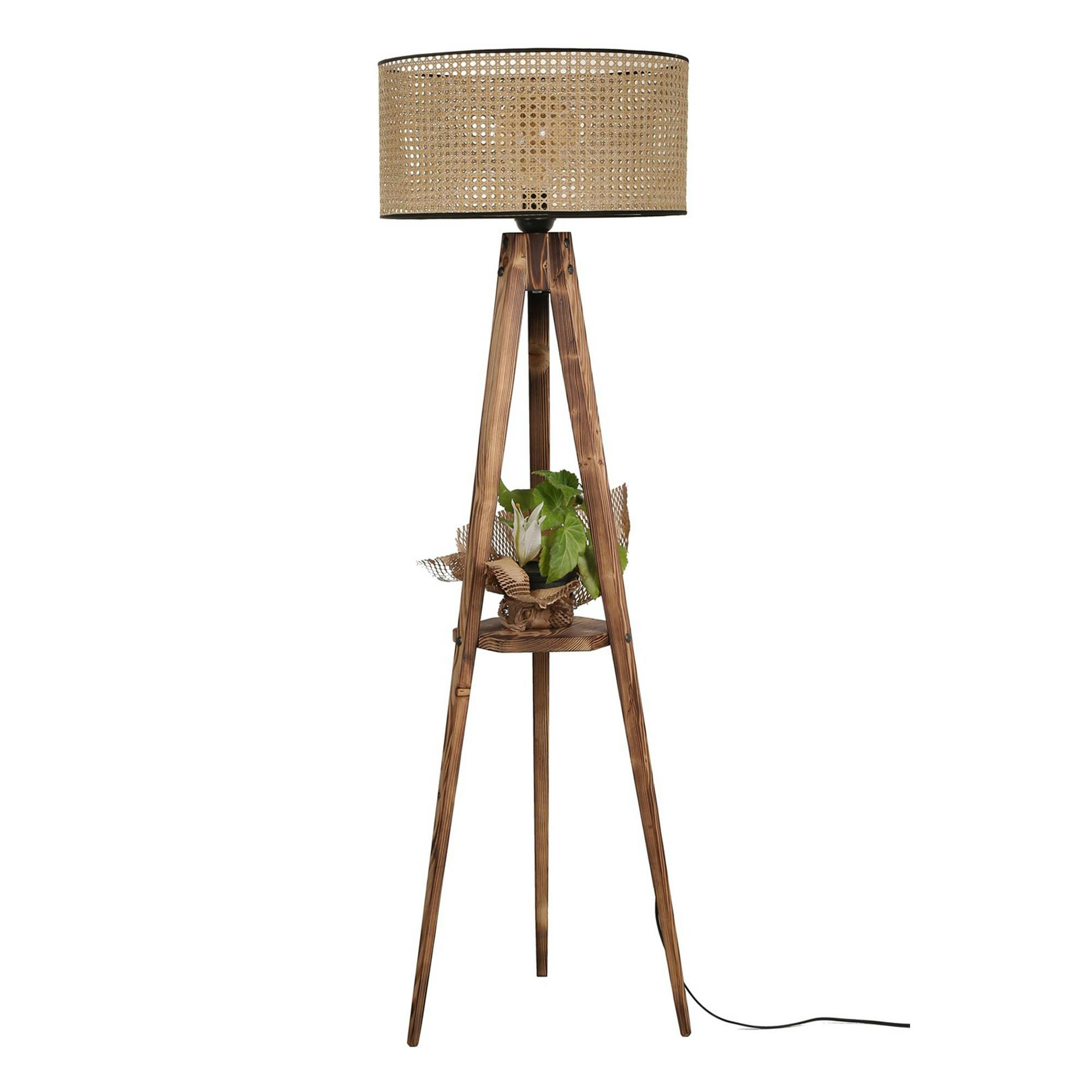 Lampadaire trépied effet bois avec abat-jour cannage KILIS