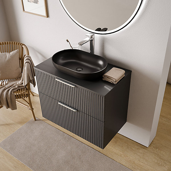 Meuble sous vasque suspendu MDF Anthracite mat strié 80x46x62cm, Plan lavabo Blanc brillant   poignée Chrome - TIM80
