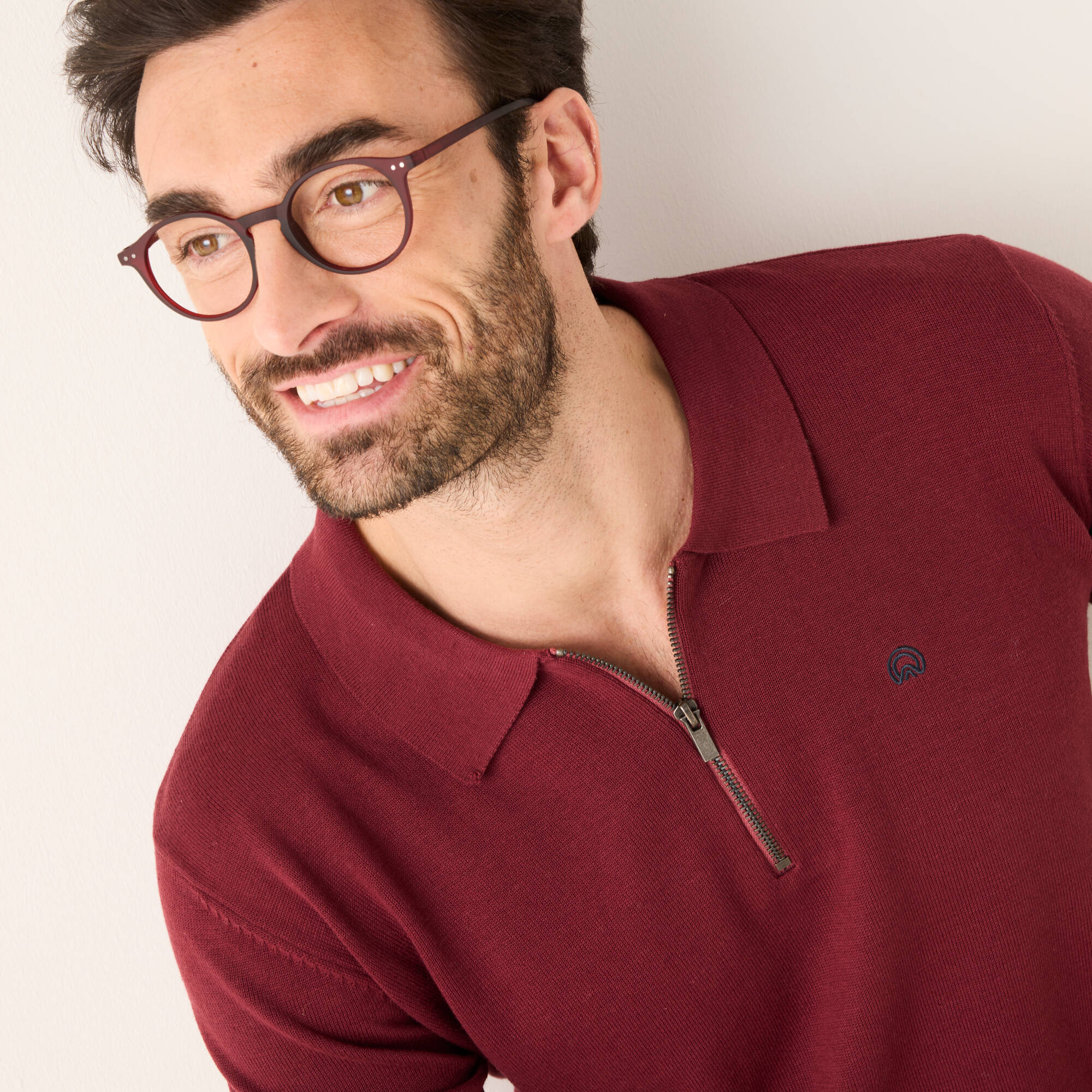 Pull fin col polo zippé broderie poitrine