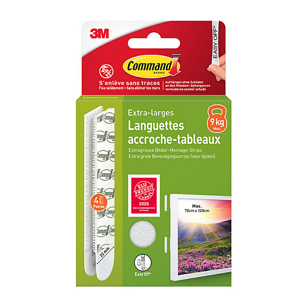 Languette adhésive accroche tableau 3M Command blanc XL , 4 paires