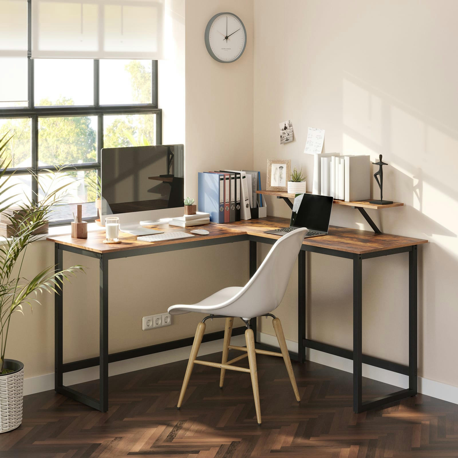 - Bureau d'angle support d'écran effet bois noir