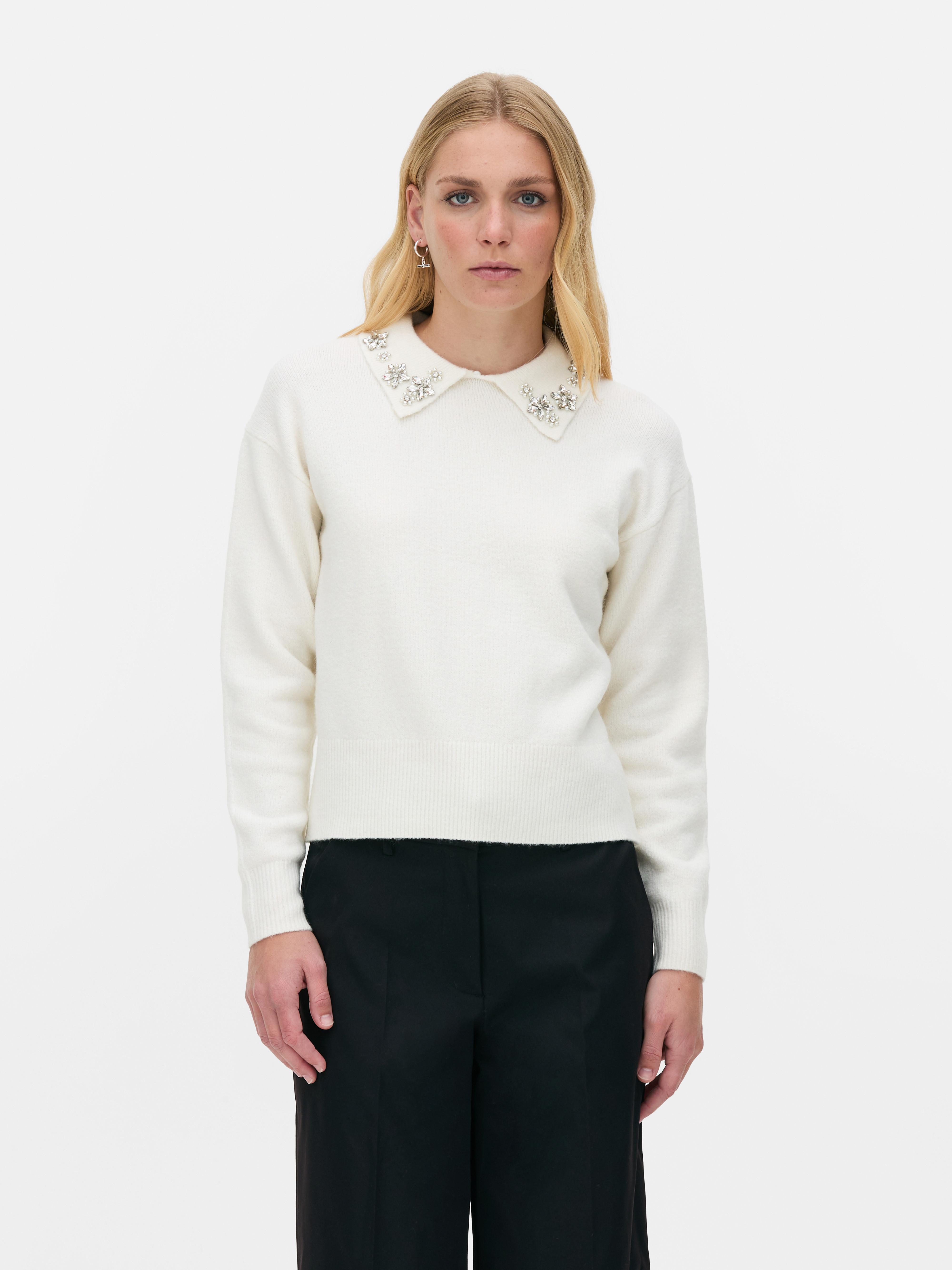 Embroidered Jewel Collar Sweater