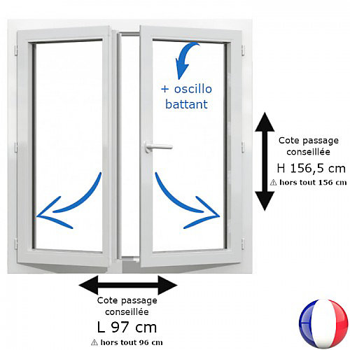 Fenêtre PVC blanc 2 vantaux hors tout H 156 x L 96 cm oscillo battant pour pose rénovation