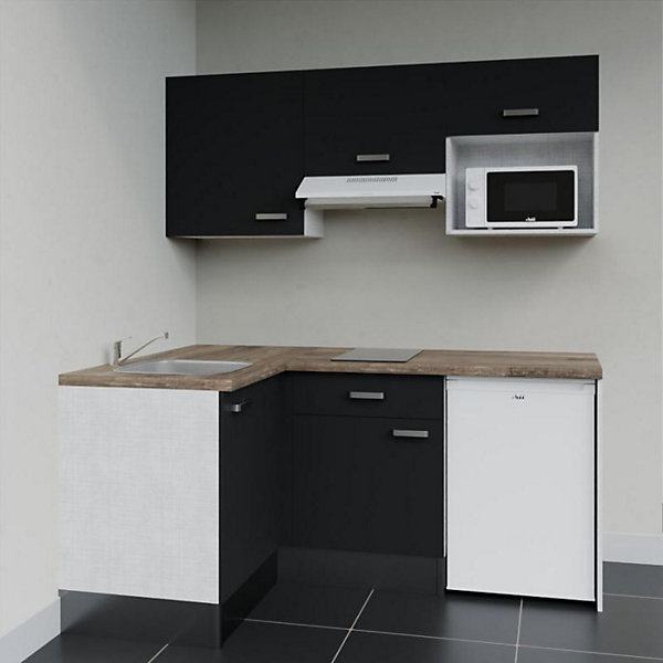 Kitchenette KA03 façades Noir - Plan de travail Bois - Crédences : Non - Evier inox - Electroménager Blanc inclus