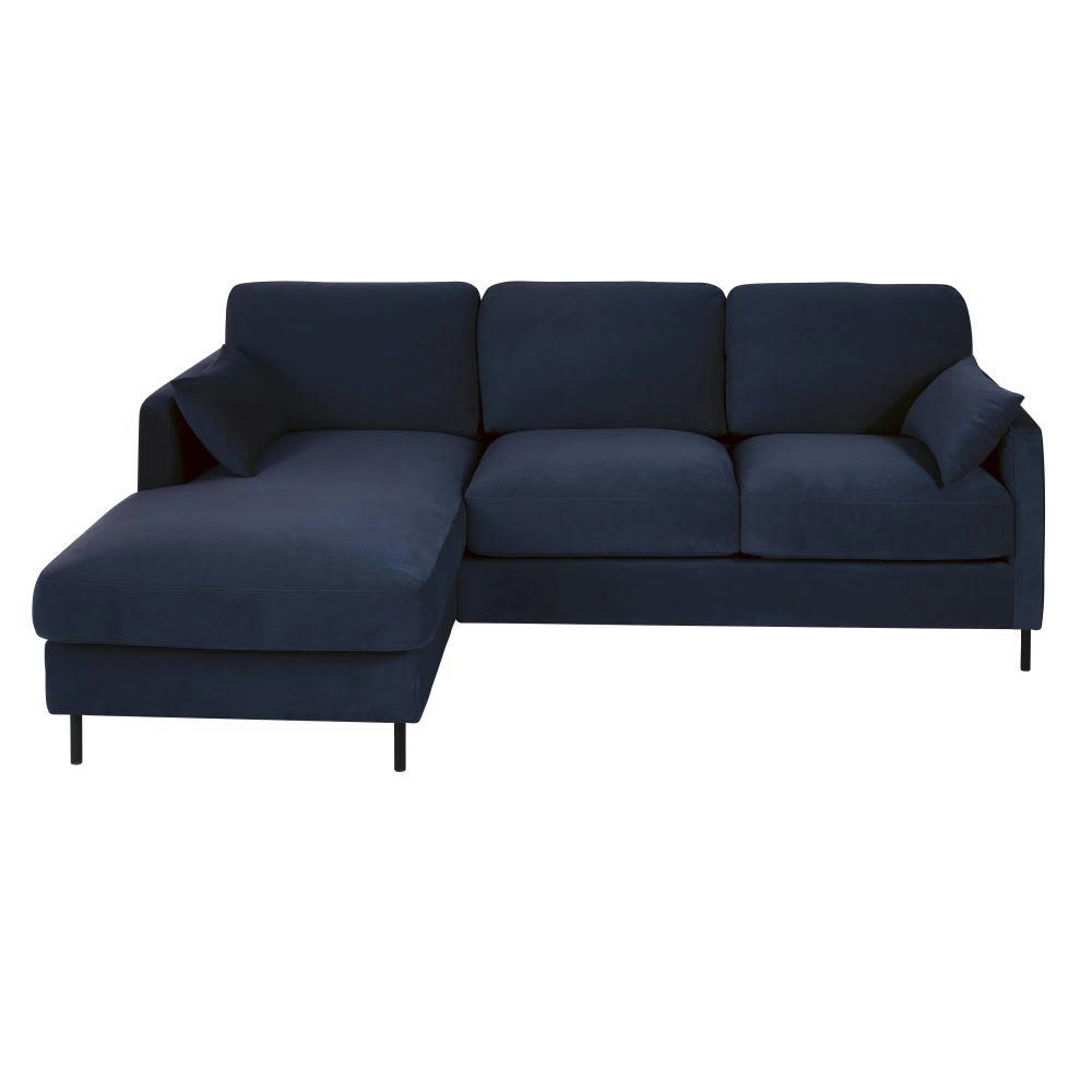 Julian - Canapé d'angle gauche 3/4 places en velours bleu nuit