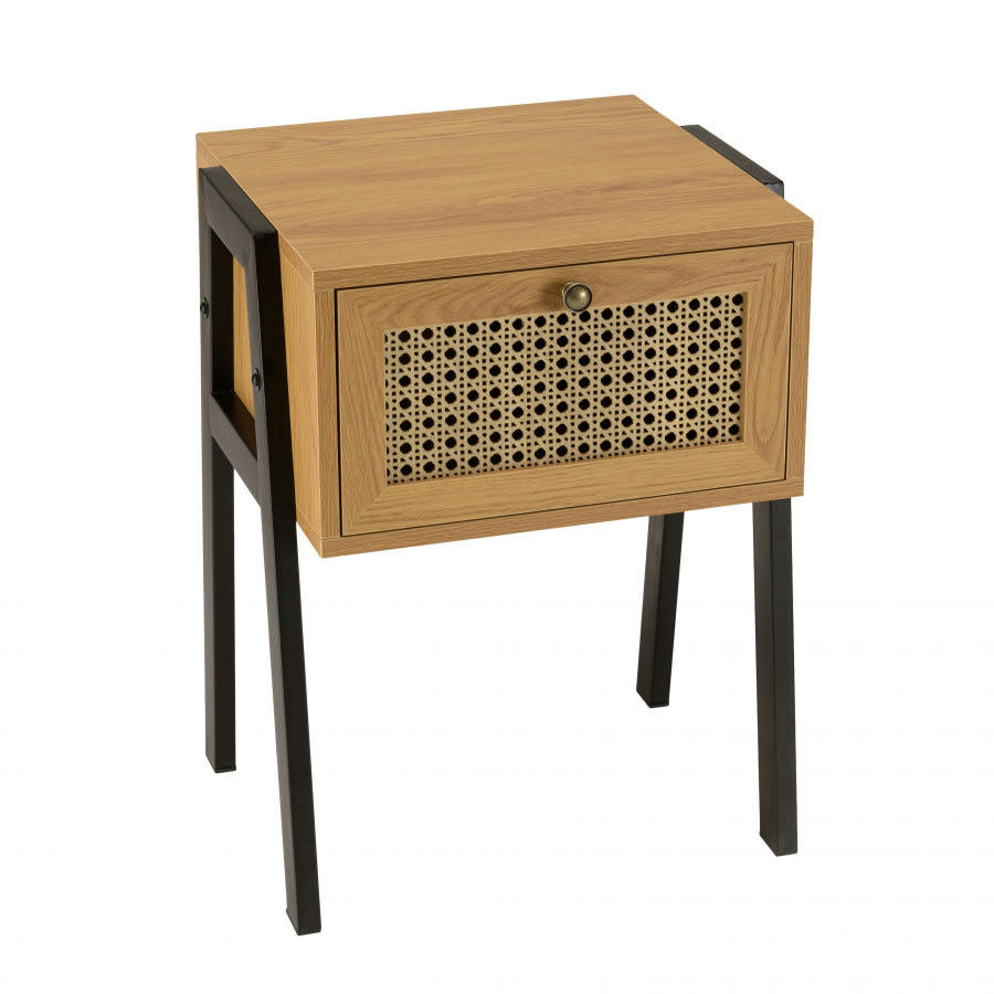 CHARLIE - Chevet marron 1 tiroir effet cannage pieds inclinés métal noir