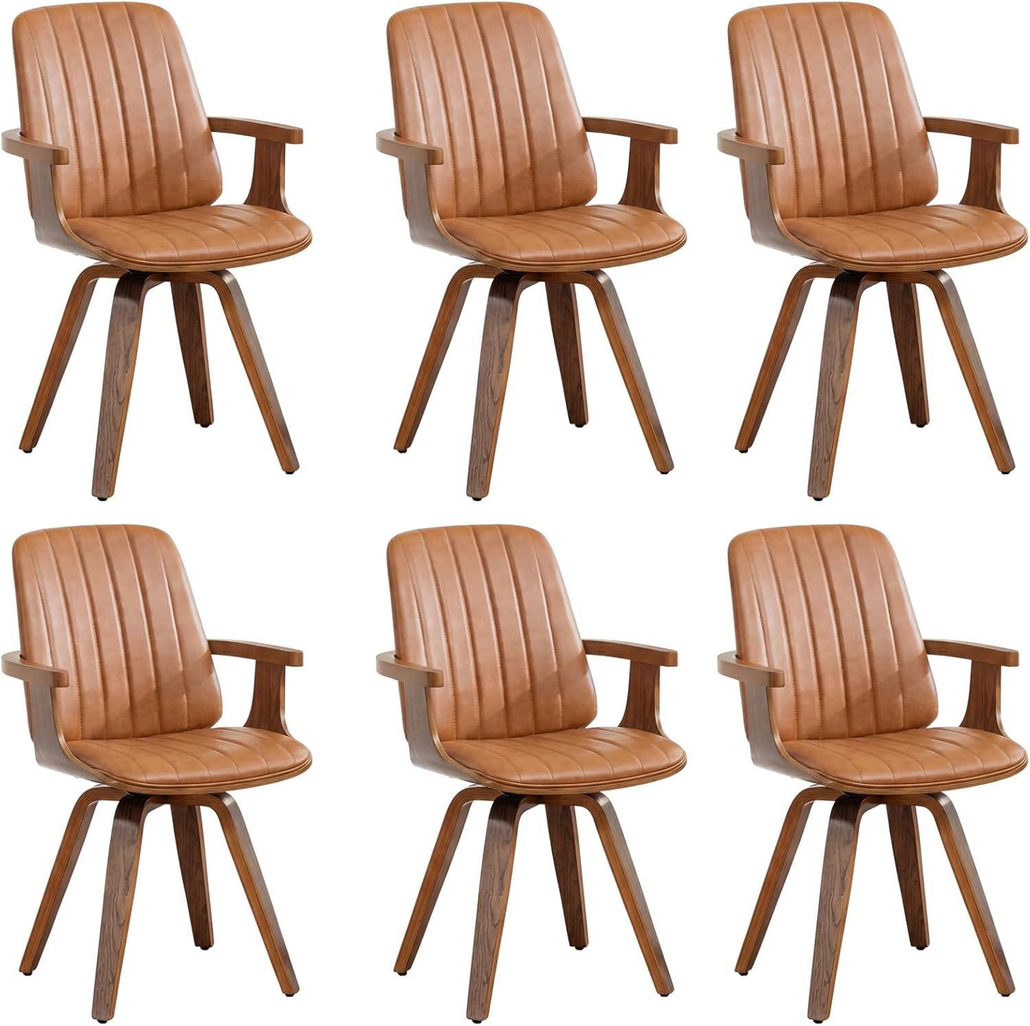 WUPOTO Dining Chairs Set of 6, Mid Century Modern Dining Room Chairs, Upholstered Faux Leather Kitchen Chairs with Wooden Arms and Legs, 360 Degree Swivel (Brown, Set of 6)
