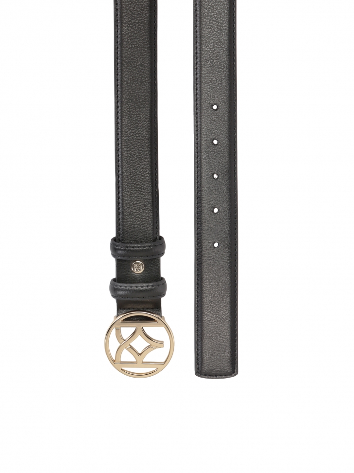 Black leather ladies' belt with a round buckle with monogram
