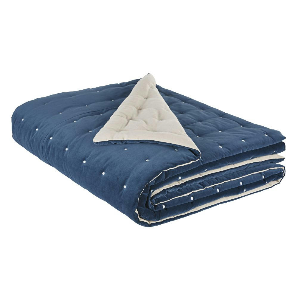 - Boutis réversible en velours de coton bleu indigo et écru 240x260