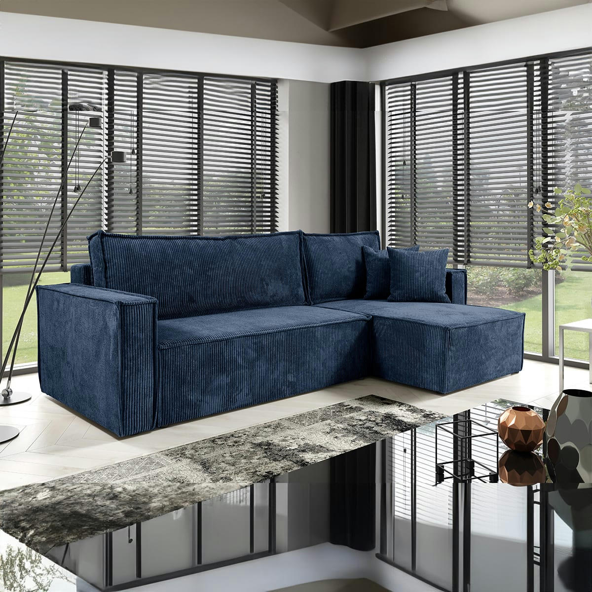 - Canapé d'angle réversible convertible 3 places velours côtelé bleu