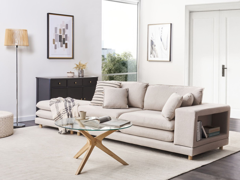 Sofa tapicerowana 2-osobowa z otomaną beżowa