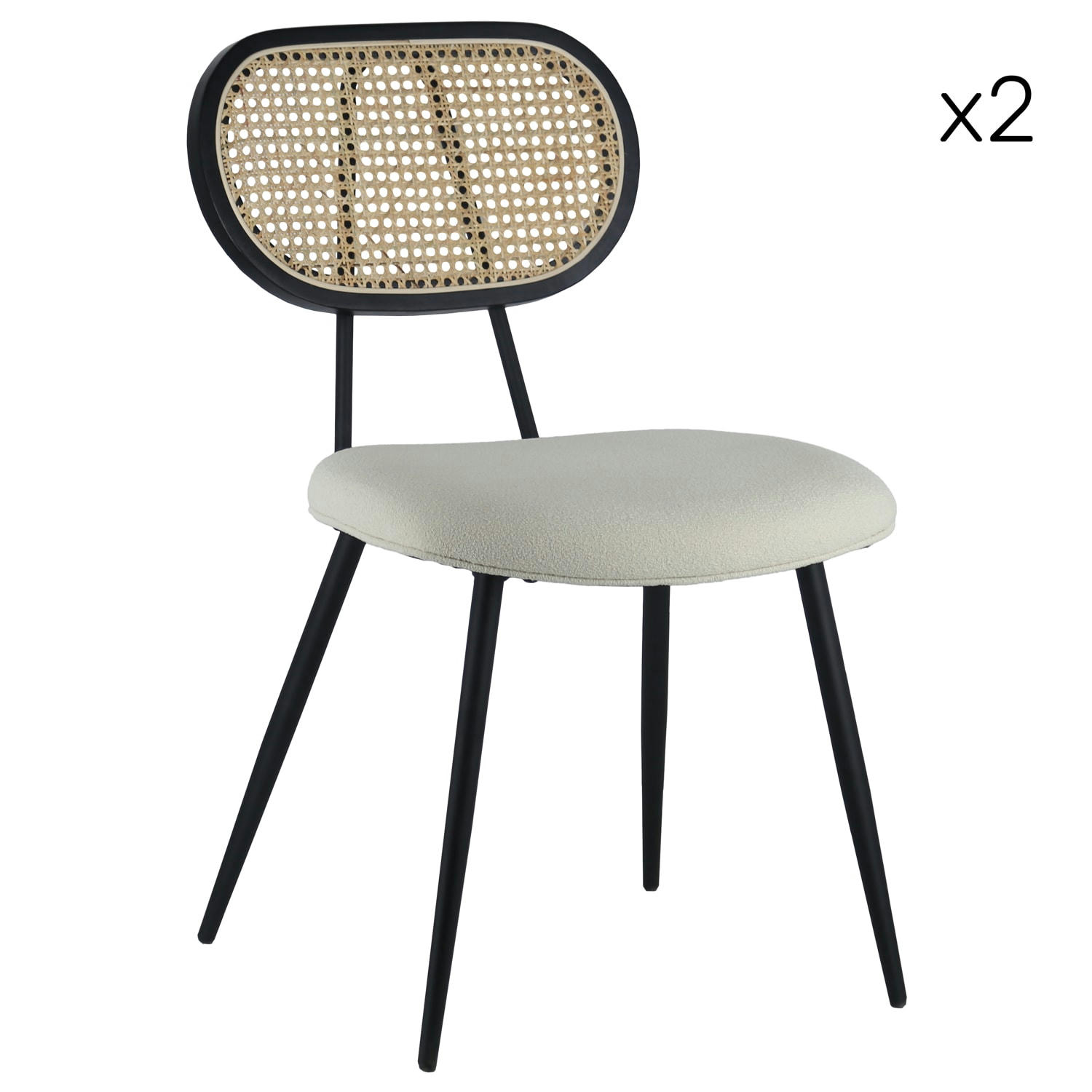 ELENA - Lot de 2 chaises en cannage et tissu boucle écru