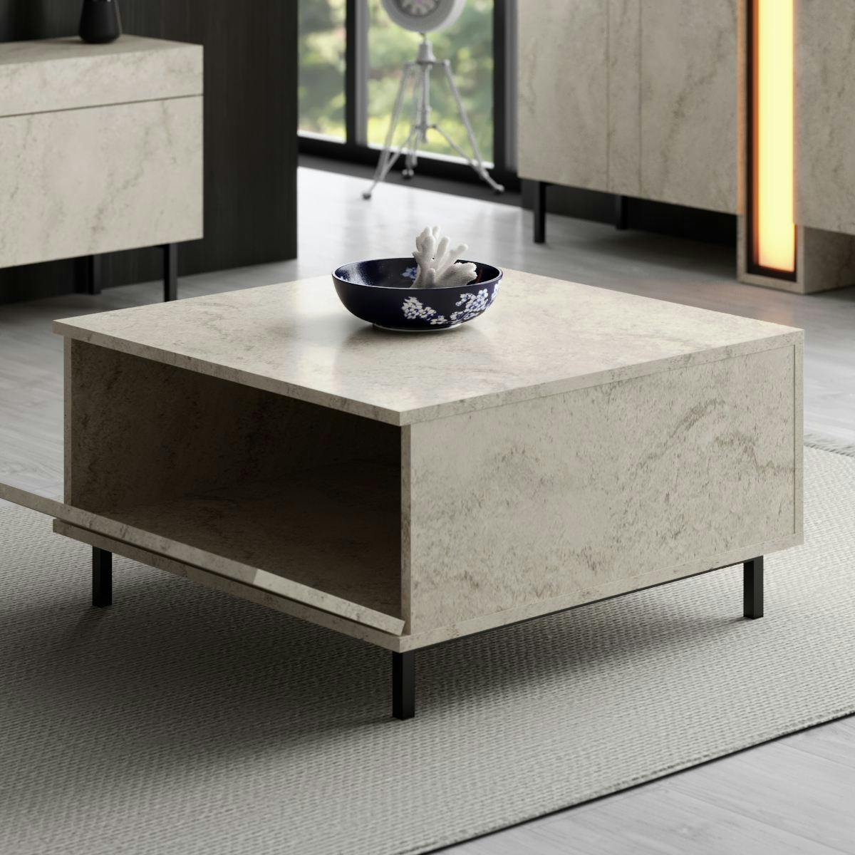 Table basse carrée travertin avec coffre de rangement AURA