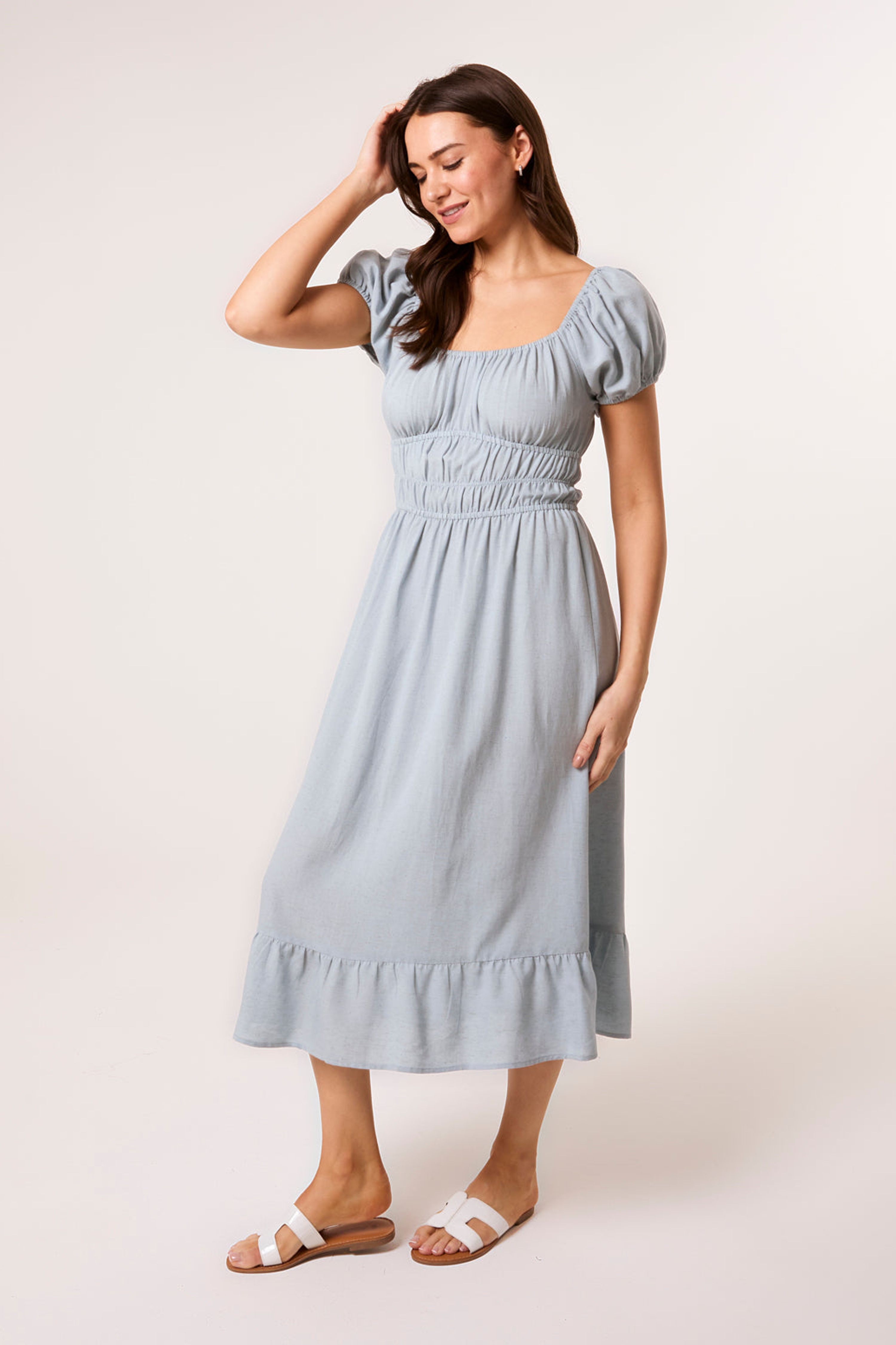Blue Vanilla Blue Puff Sleeve Shirred Panel Dress
