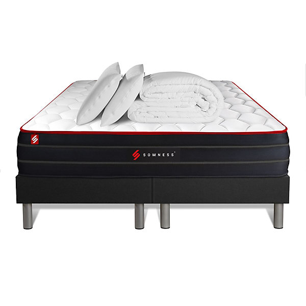 Pack sommier tapissier matelasRessorts ensachés et mémoire de forme avec couette et oreillers