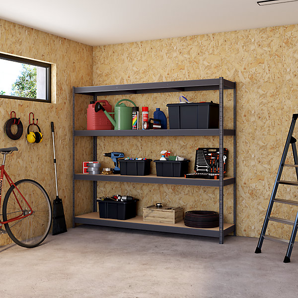 étagère de garage en métal gris 4 plateaux en bois L.200 x H.180 x P.50 cm