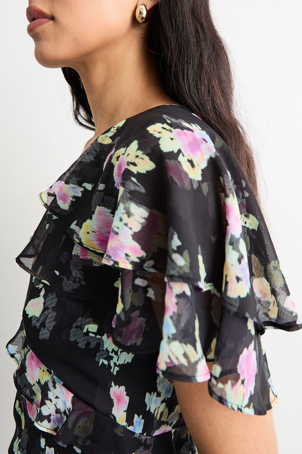 Warehouse Flutter Sleeve Floral Print Frill Detail Maxi Dress