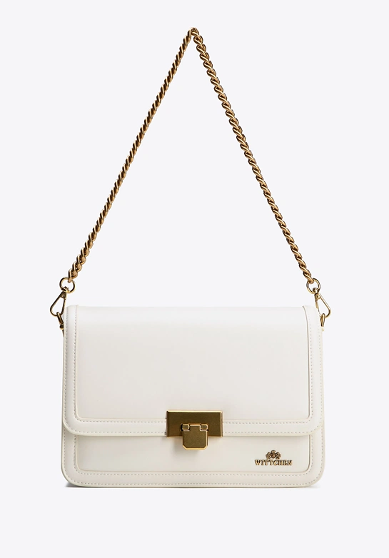 Skórzana crossbody z odpinanym łańcuszkiem kremowa