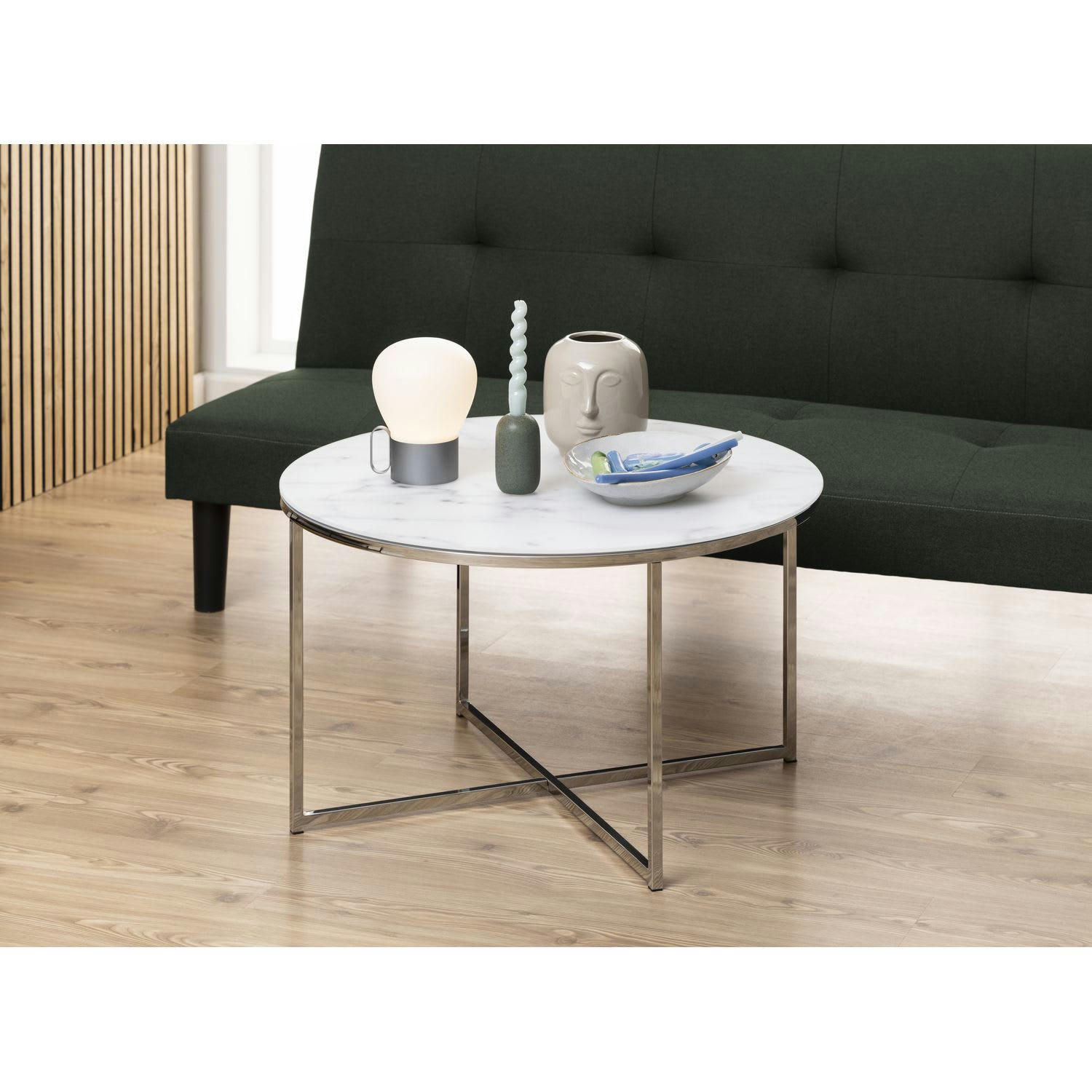 ALYSÉ  - Table basse ronde effet marbre en verre et métal blanc