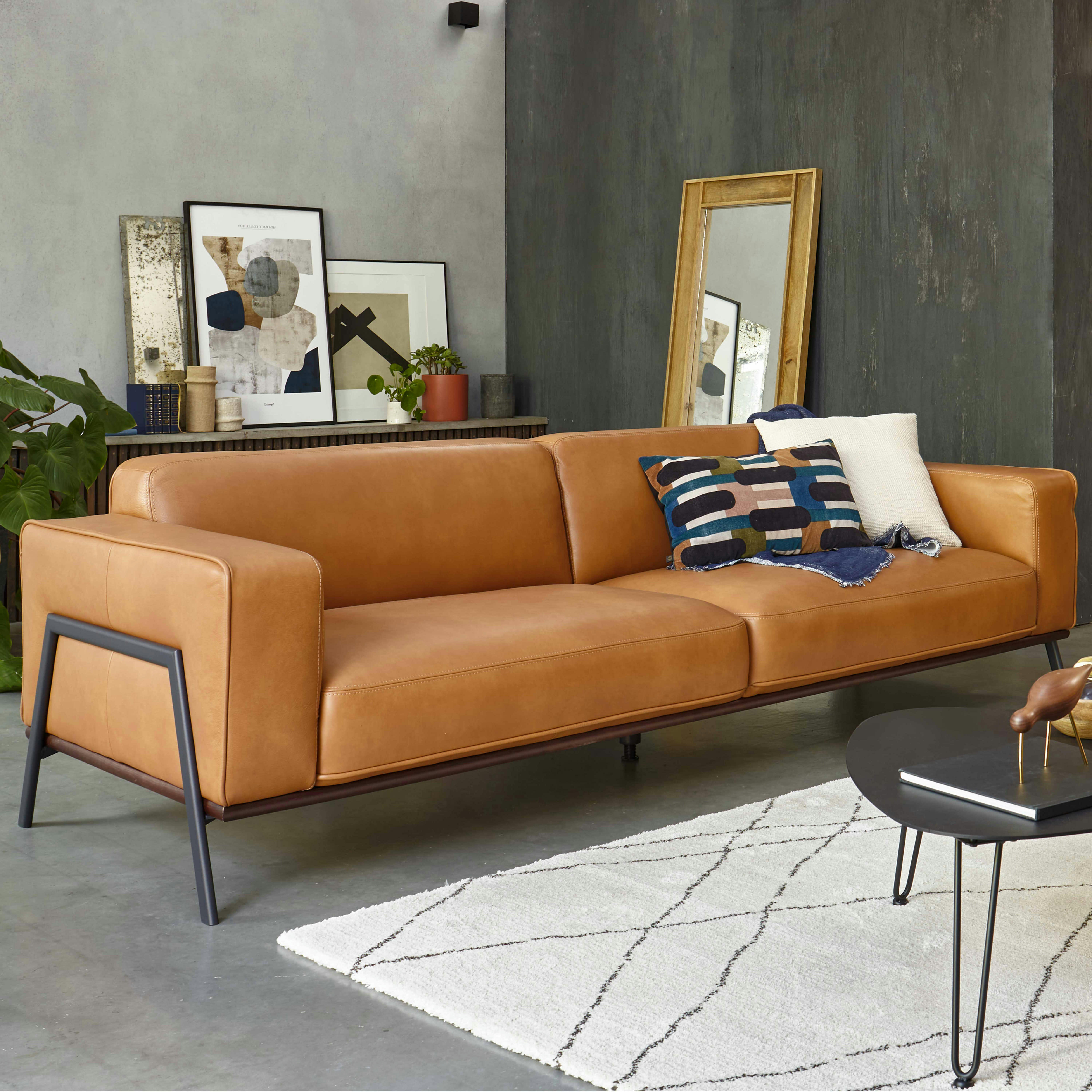 VIGGO - Canapé en cuir 4 places camel