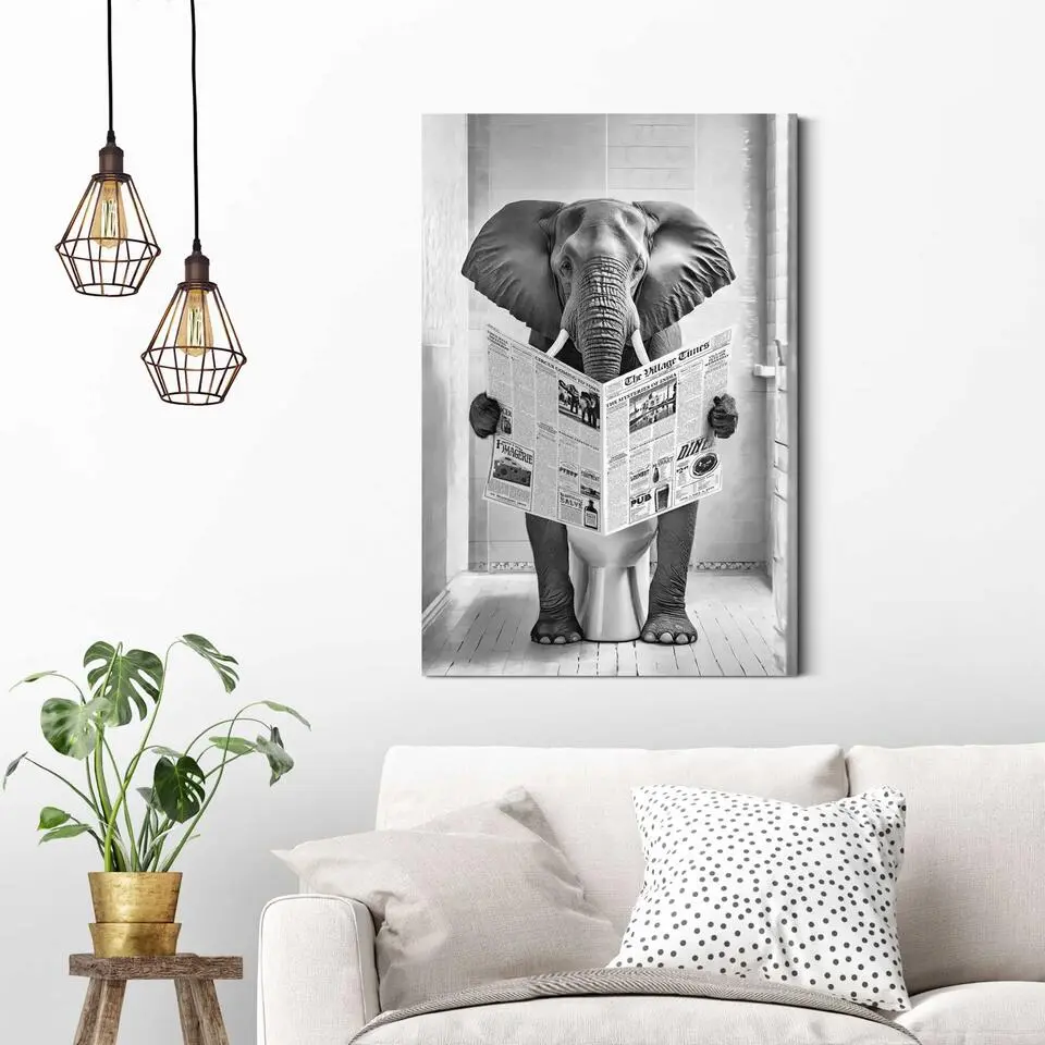 Schilderij Olifant op toilet - 90 x 60 - Zwart-Wit