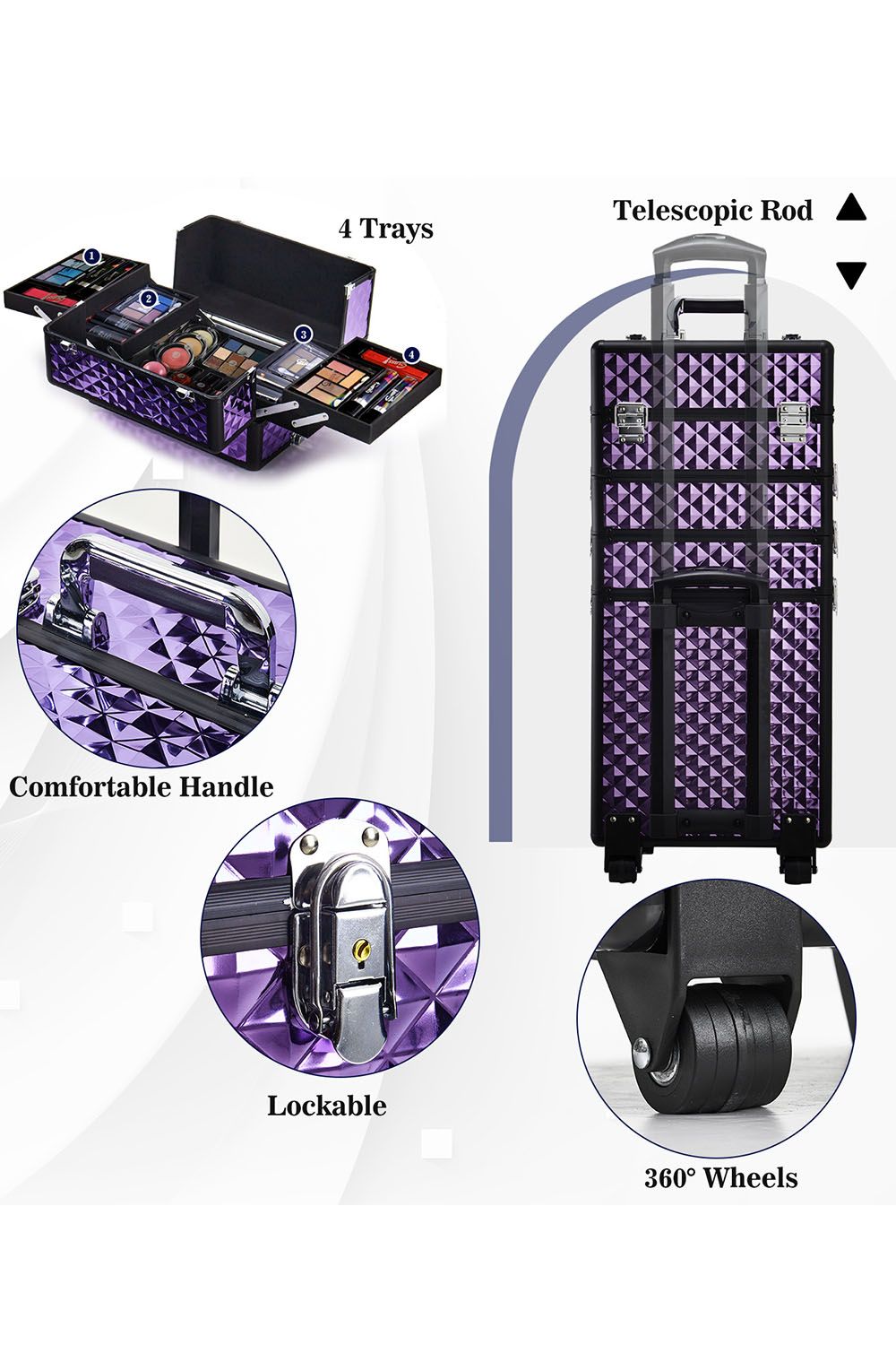 Living and Home 4 in 1 Professional Cosmetic Makeup Train Case Makeup Trolley Luggage