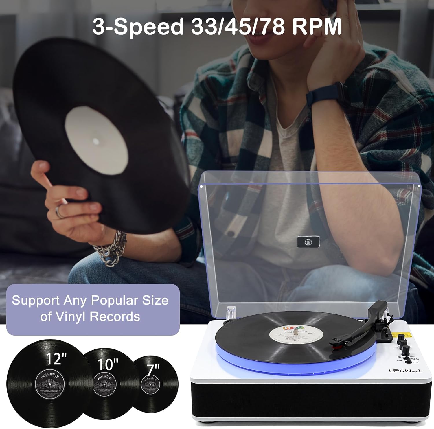 LP&No.1 Record Player with Built-in Stereo Speakers  LED Control  3-Speed Belt-Drive Vinyl Turntable with USB Playback & Recording  Wireless BT Input & Output  Auto Stop  Pitch Control | White Pearl